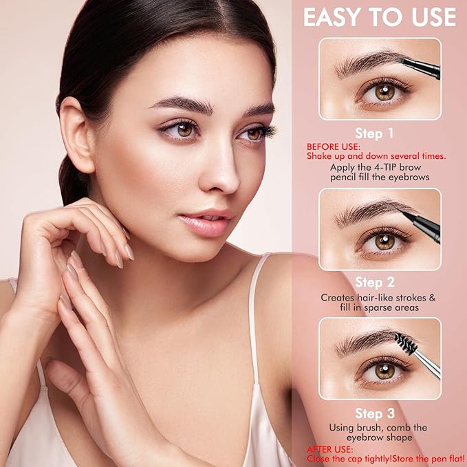 LAVONE 2-IN-1 Dual-ended Waterproof Eyebrow Pencil, 4 Tip Microblading Pen & Ultra-Precise Brow Pencil, Dual-ended Eyebrow Brush, Ebony