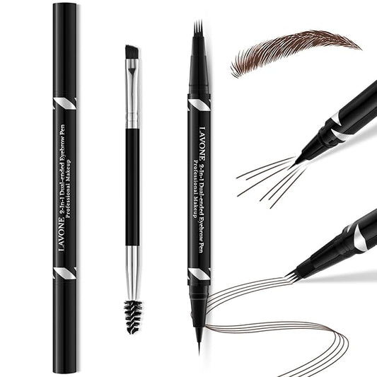 LAVONE 2-IN-1 Dual-ended Waterproof Eyebrow Pencil, 4 Tip Microblading Pen and Ultra-Precise Brow Pencil, Dual-ended Eyebrow Brush, Natural Looking - Chocolate